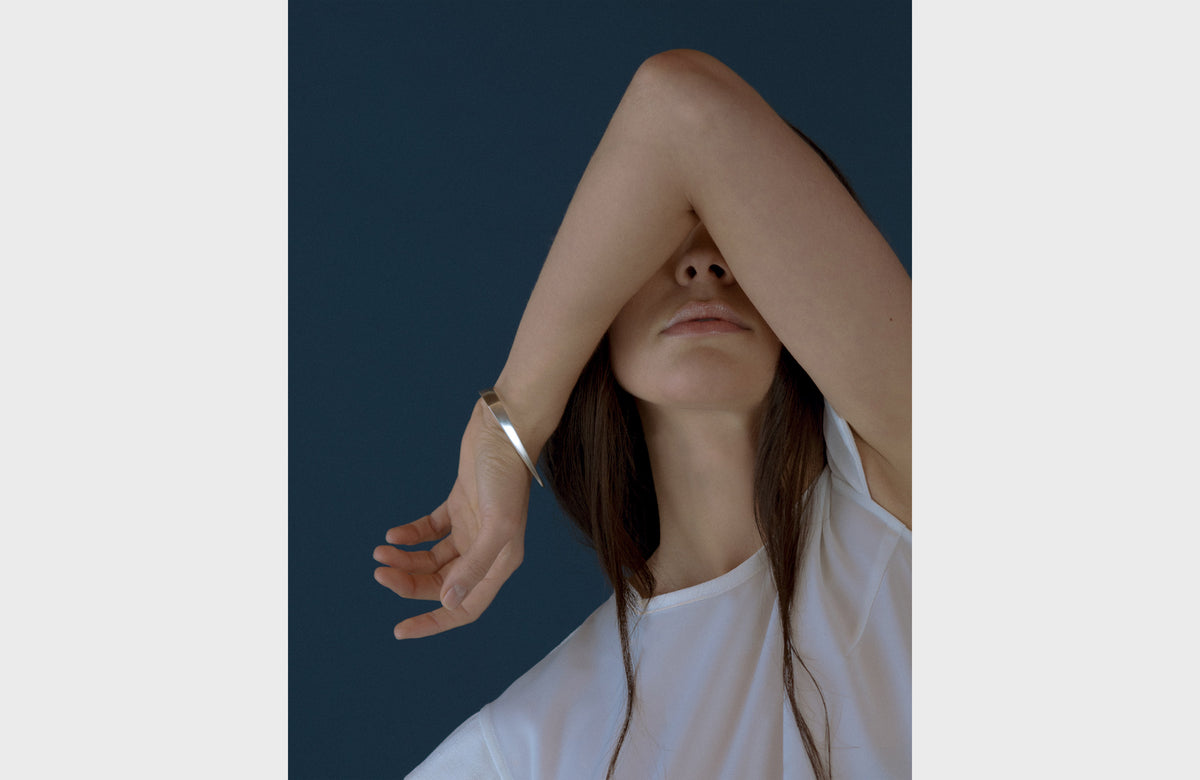 Woman Wearing Square Sterling Silver Bangle