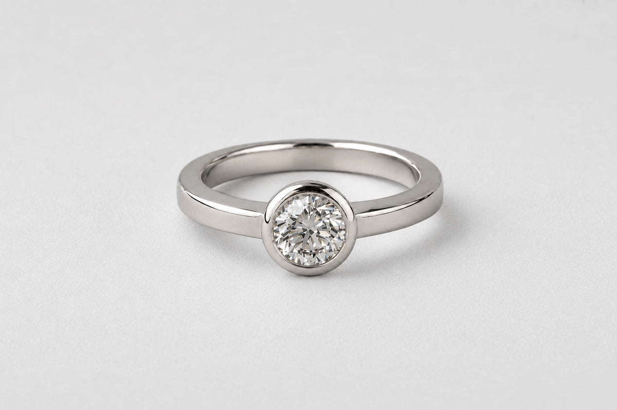 BEZEL SET DIAMOND SOLITAIRE RING | 19K WHITE GOLD